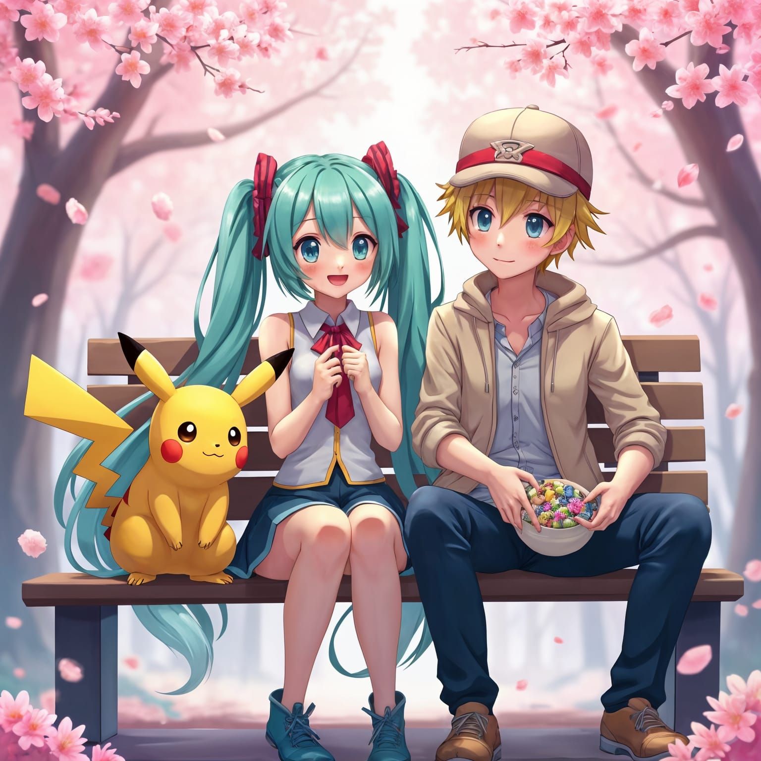 Hatsune Miku and Partner Trainer in Vibrant Pokémon Scene