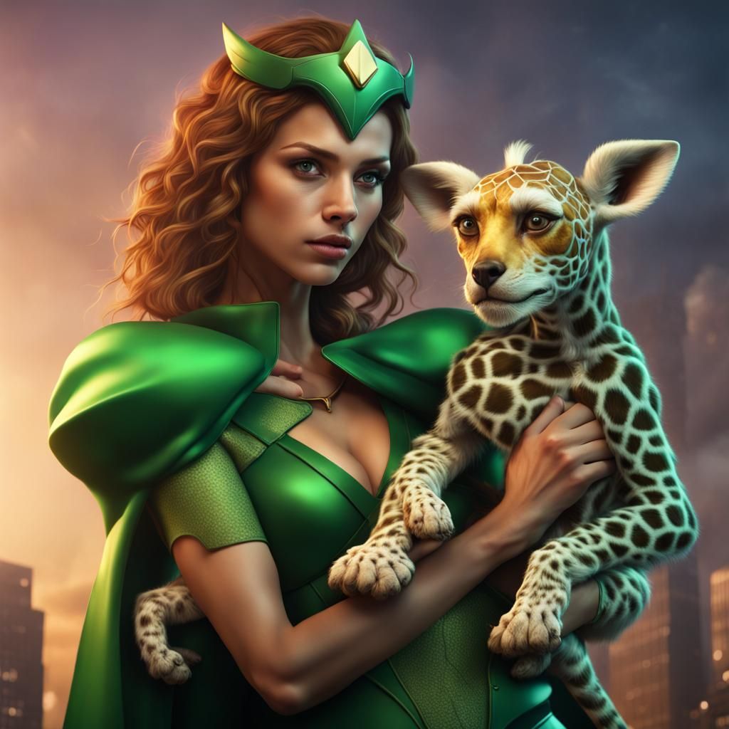 Superhero Girl with Giraffe, Detailed Digital Art