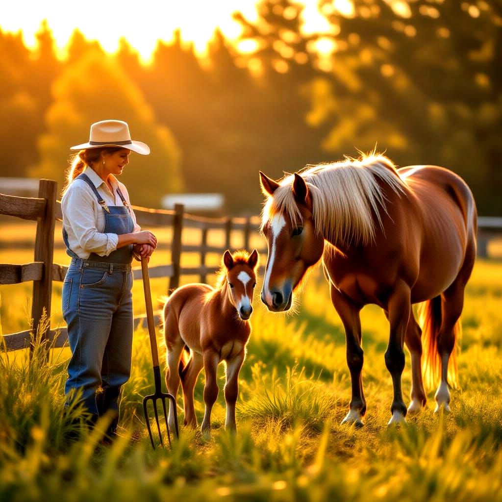 Golden Hour Serenity: Mare, Foal, and Farmer