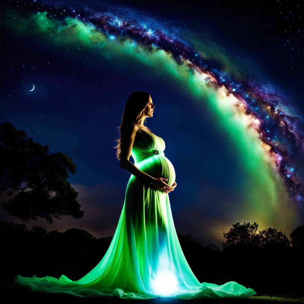 Radiant Pregnant Woman Under Cosmic Sky