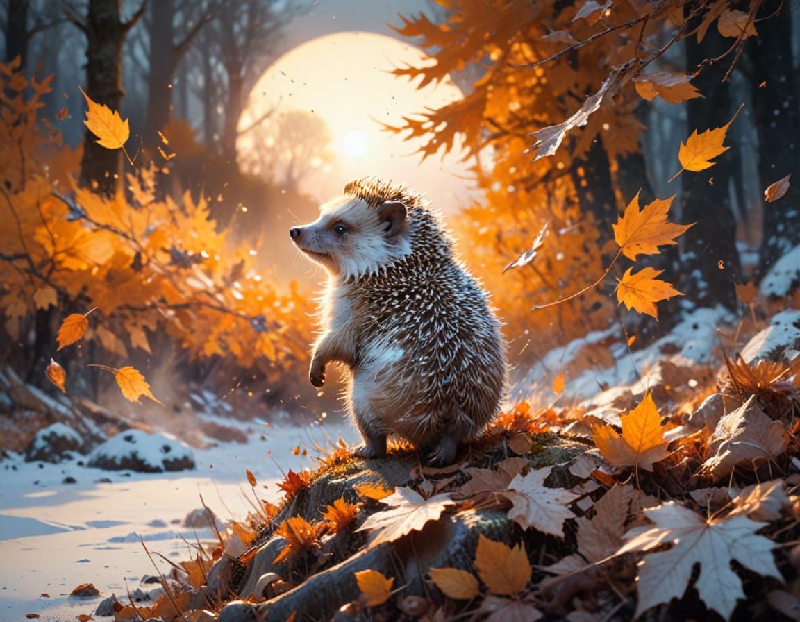 Hedgehog in Autumn Leaves, Watercolour Style