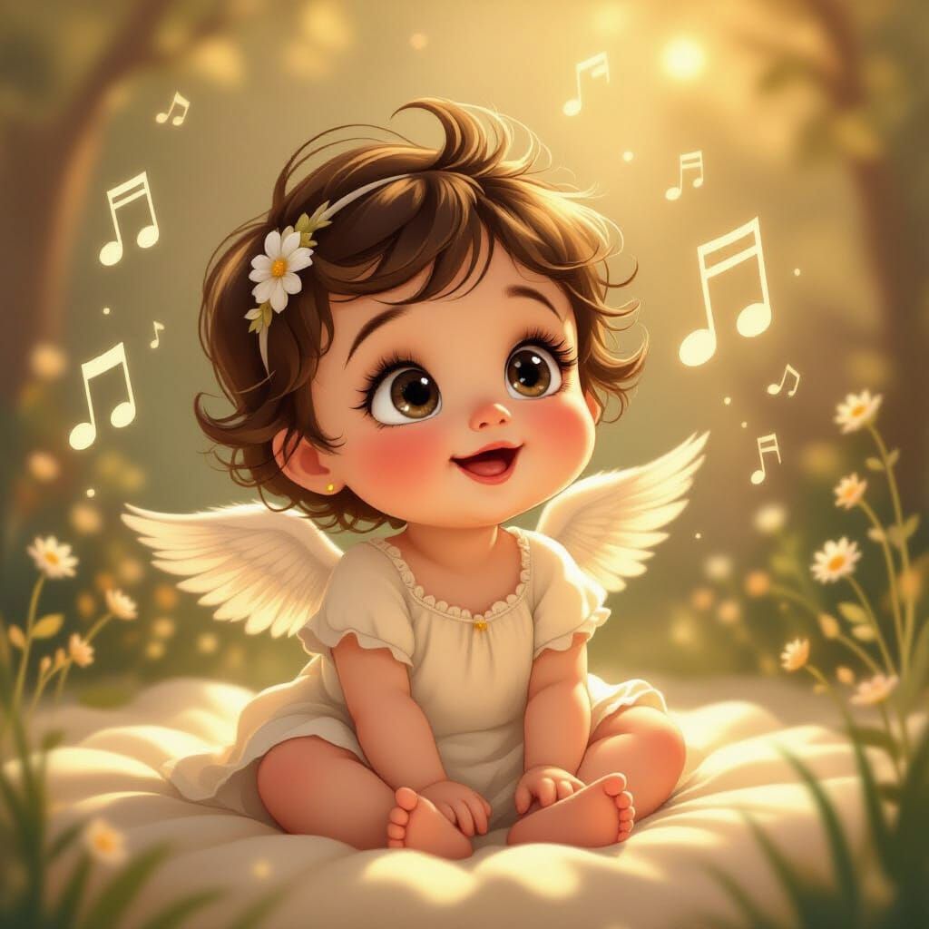 Joyful Baby Singing with Musical Notes in Storybook Style