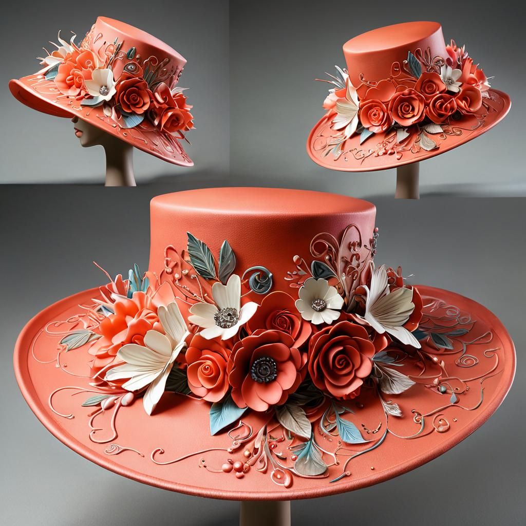 Ornate Coral Derby Hat in Hyperrealistic Style