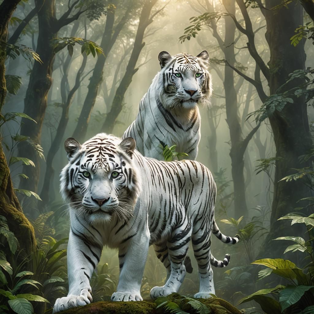 Majestic White Tiger-Lion in Misty Forest