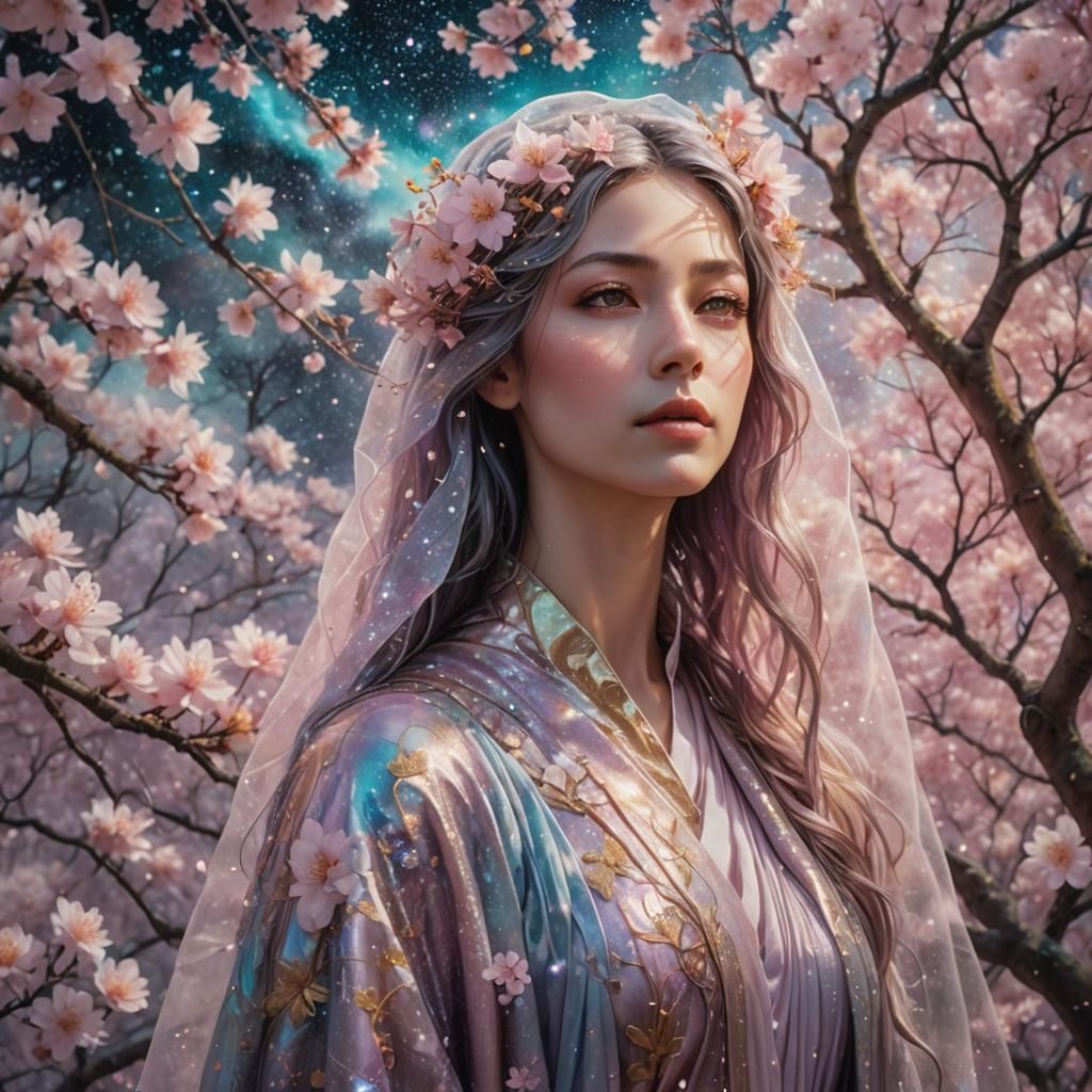 Veiled Woman in Sakura Forest: Cosmic Digital Art