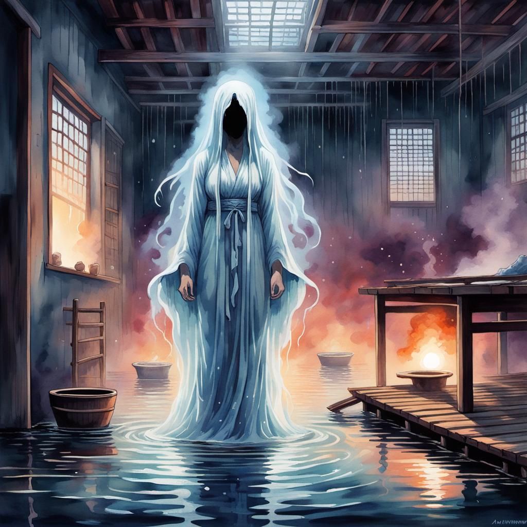 Ethereal Ghost Emerges from Abandoned Onsen: Watercolor
