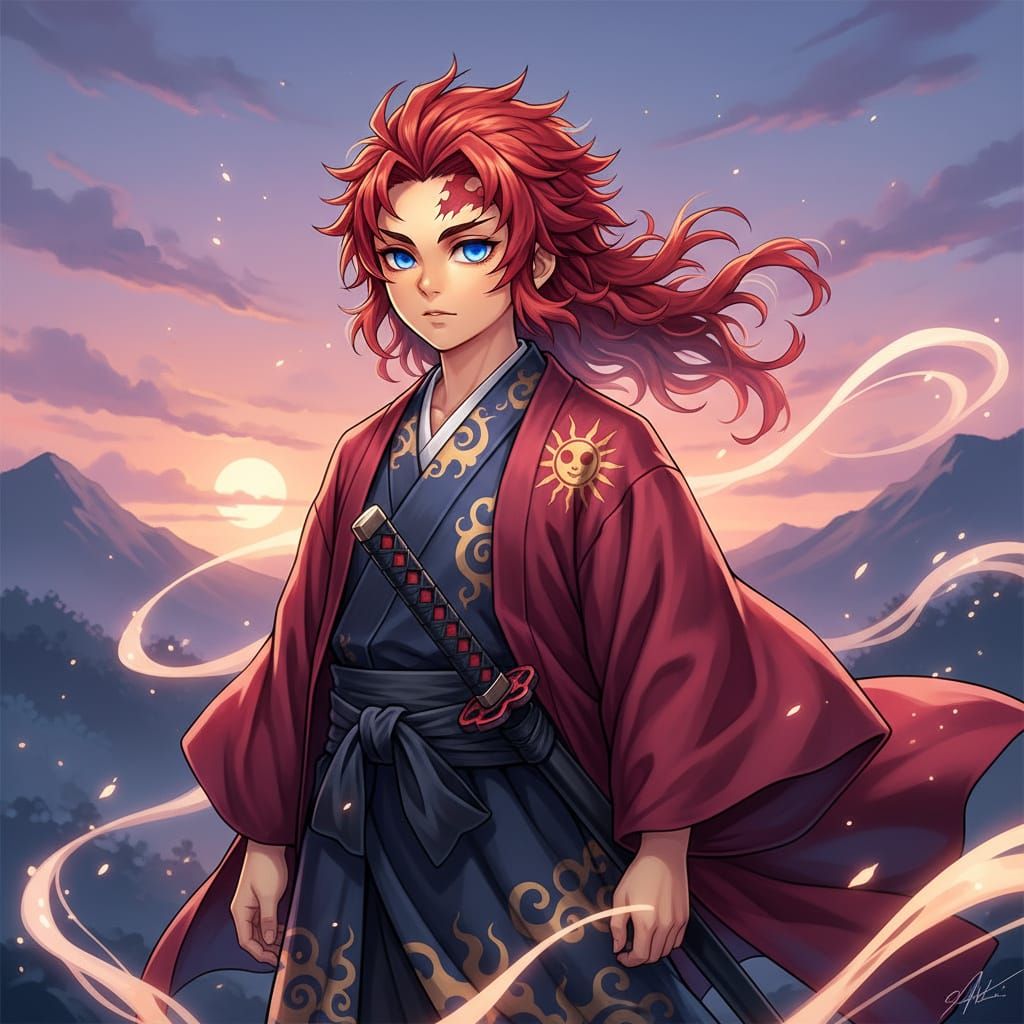 Fiery Haired Boy with Katana in Twilight