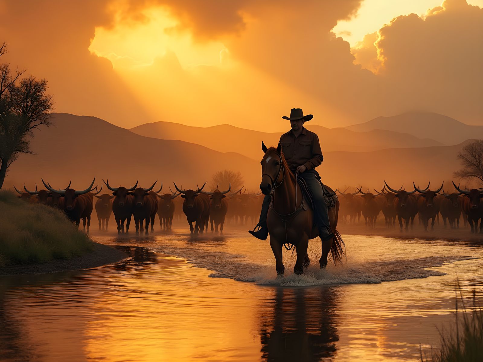 Cowboy Rides into the Sunset with Longhorn Herd
