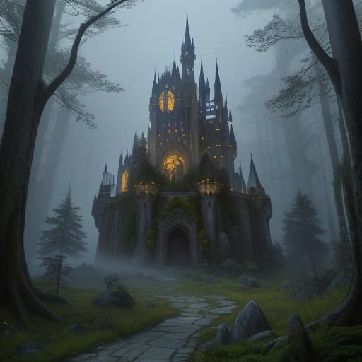 Majestic Castle in Misty Forest, Fantasy Art