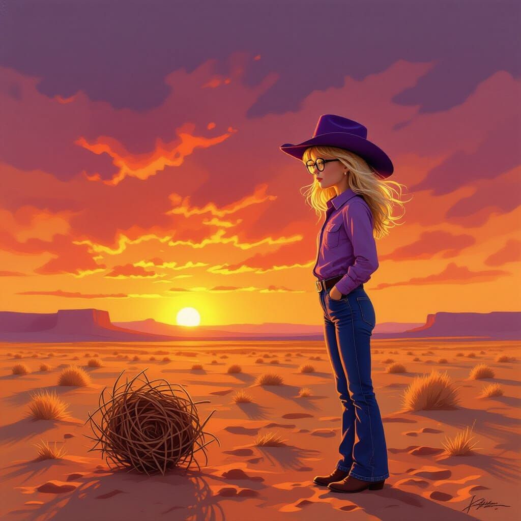 Gouache Painting of Girl on Windswept Plain at Sunset