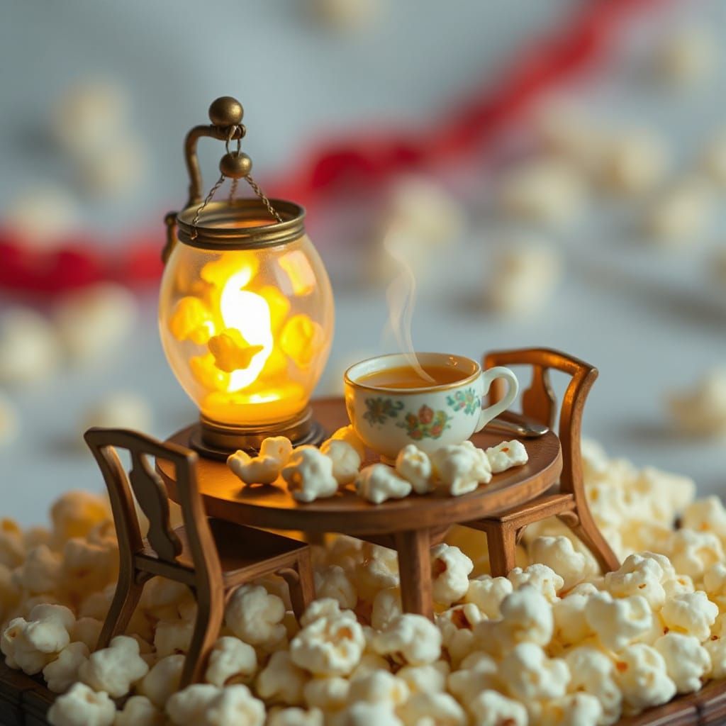 Miniature Popcorn Tea Party: Whimsical Art