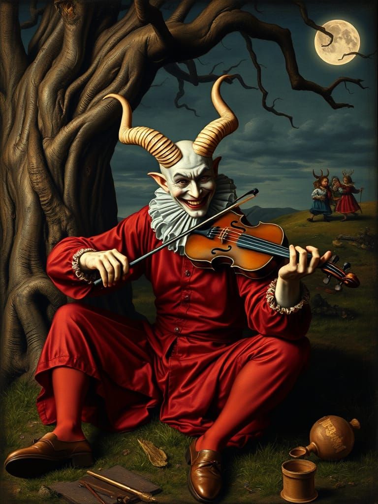 Renaissance Devil in Red Jester's Attire Plays Violin Under ...