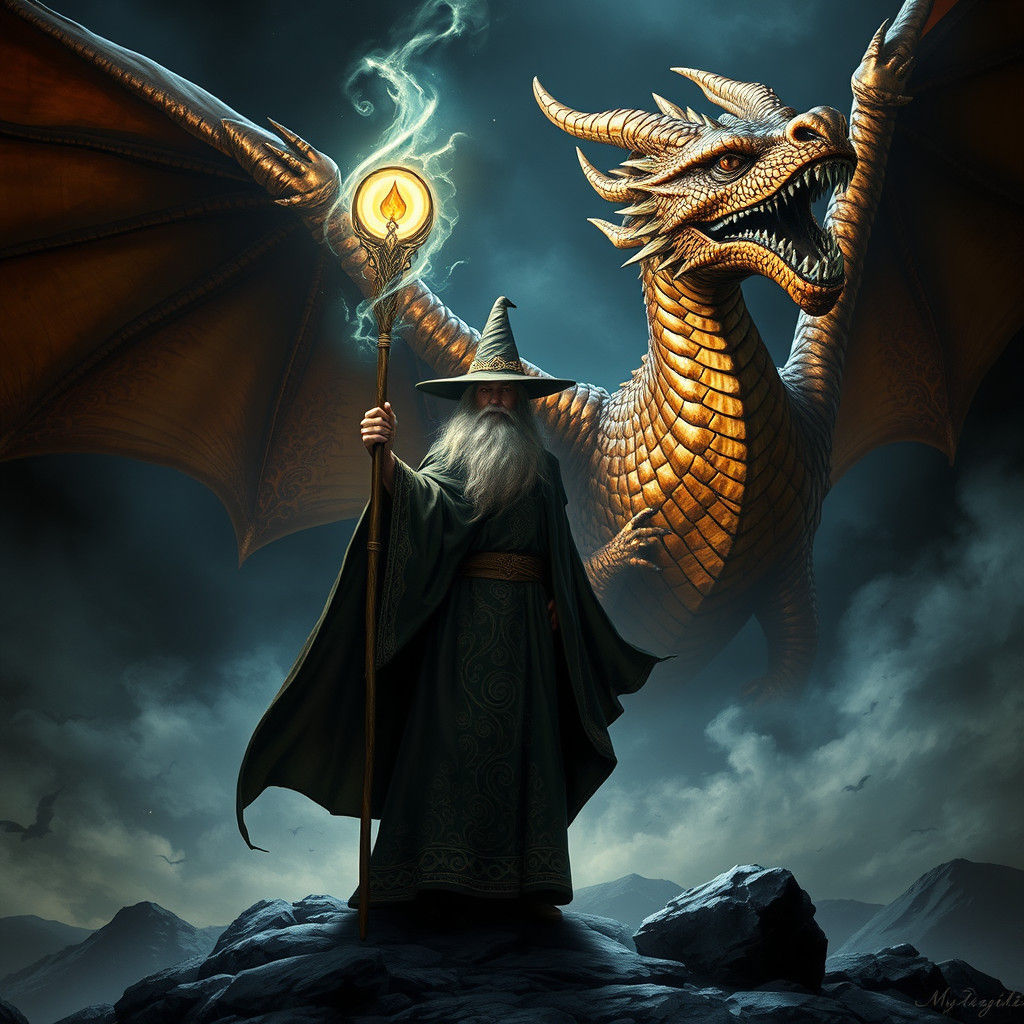 Wizard Confronts Dragon in Dreamlike Landscape