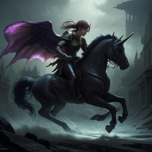 Fearless Knight on Pegasus Unicorn in Dark Fantasy Art