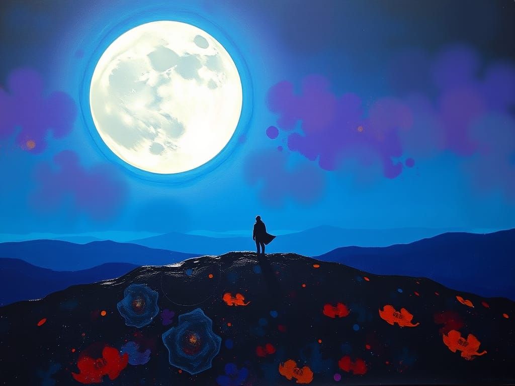 Figure Silhouetted by Moon in Abstract Landscape
