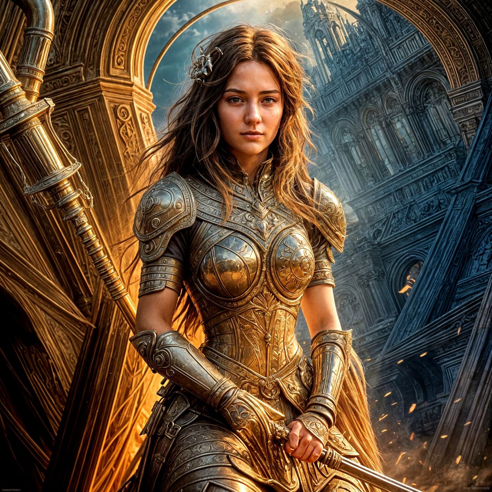 Armored Woman on Horseback, Fantasy Oil Painting