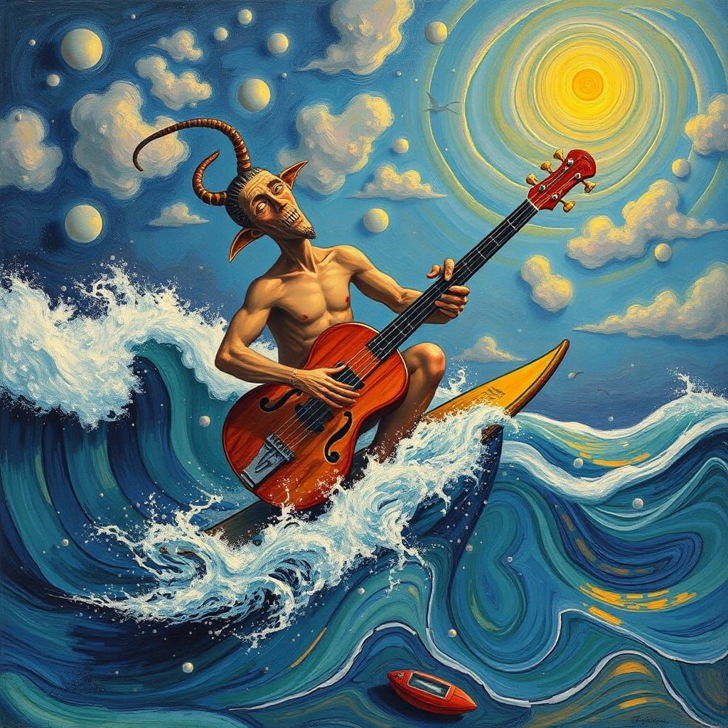 Crazy surfer in the ocean playing double bass