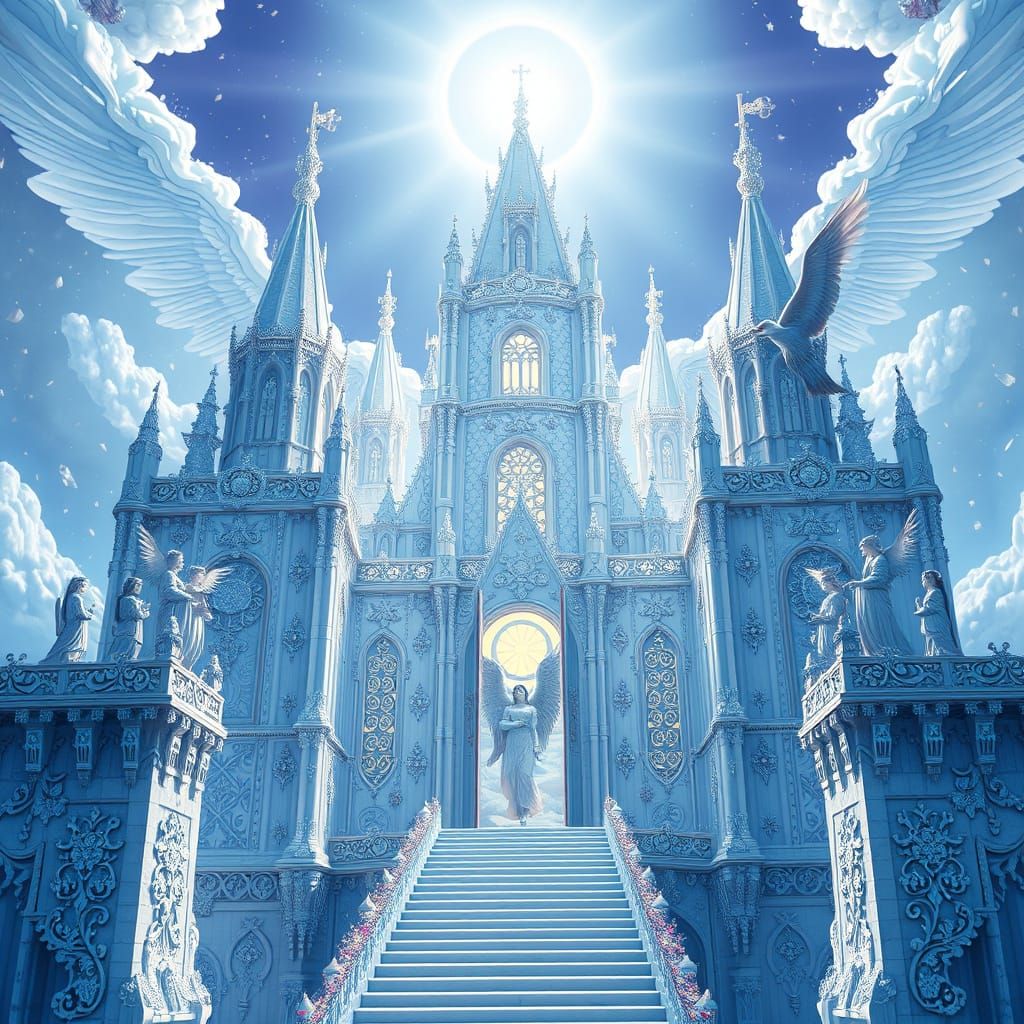 Celestial White Castle with Angels in Heaven