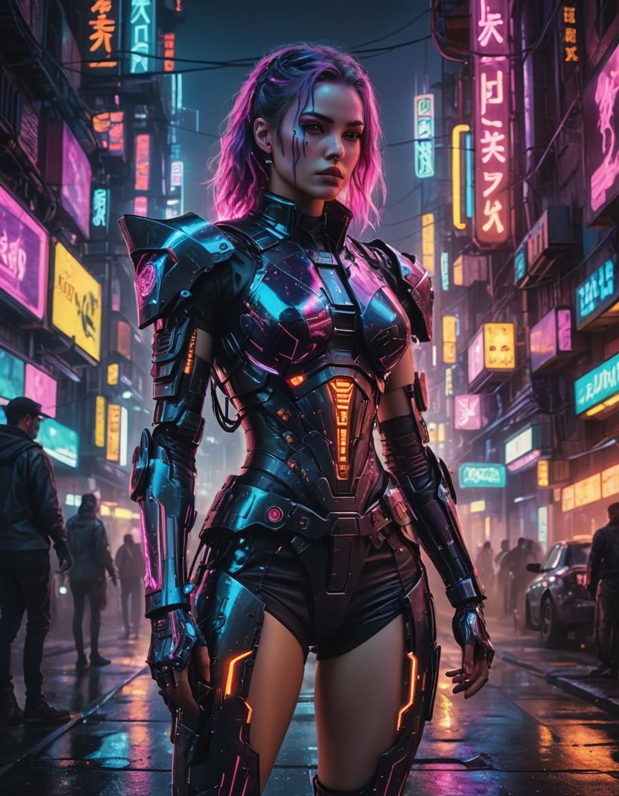 Cybergirl in Neon Cityscape: Cyberpunk Art