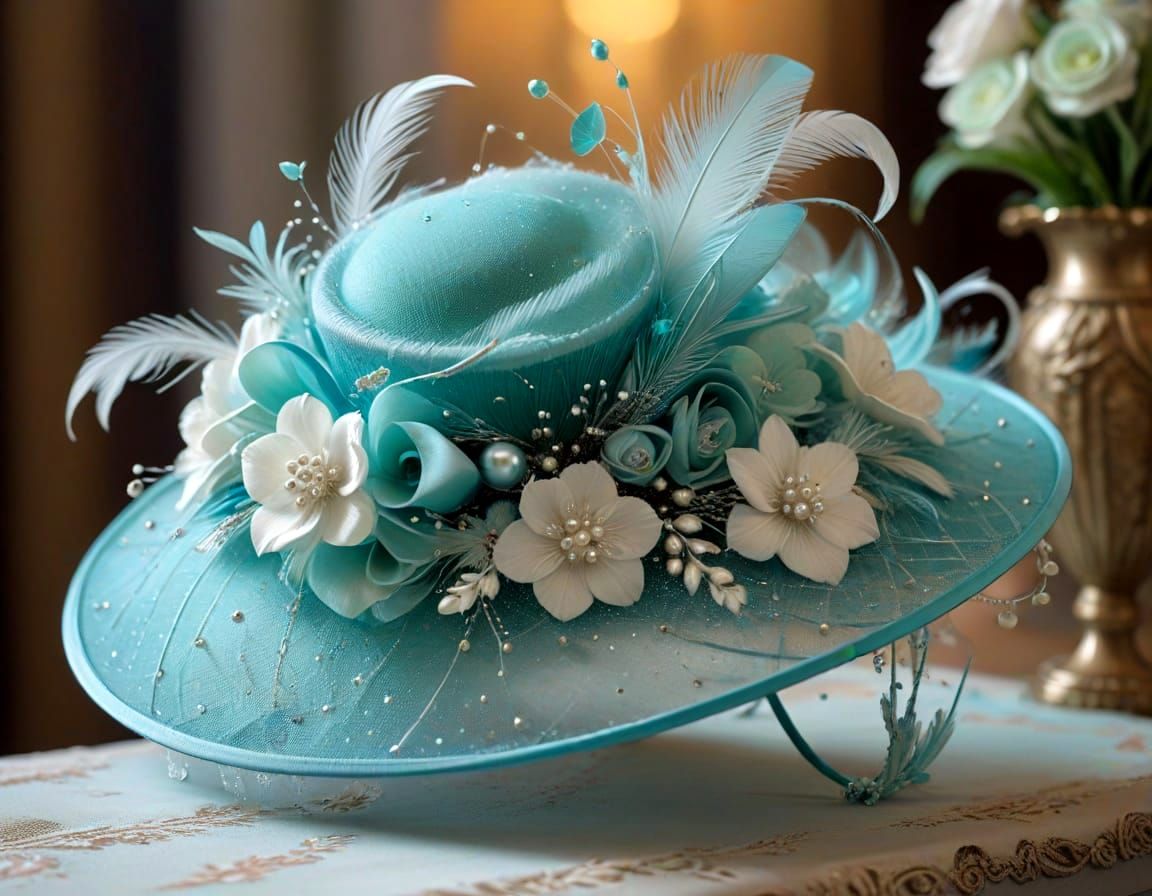 Ethereal Aqua Fascinator Hat with Pearls and Feathers