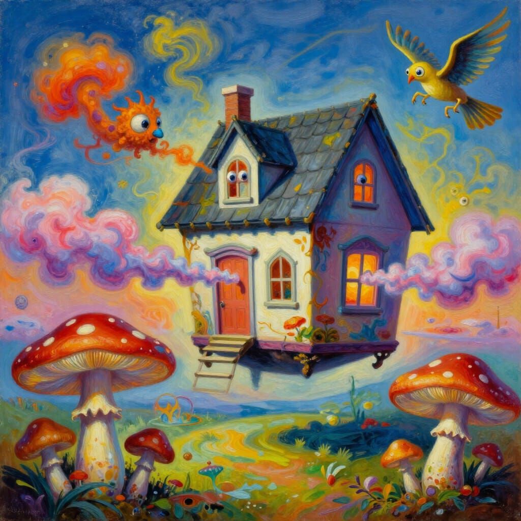 Sentient House Exhales Paint Clouds Over Luminous Mushrooms