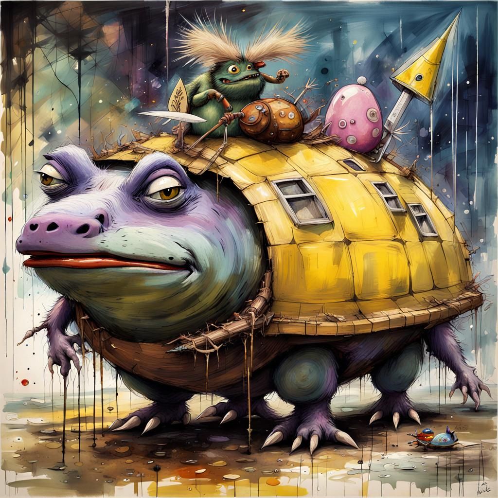 Humorous Pregnant Totoro Hybrid in Basquiat-Beksiński Style