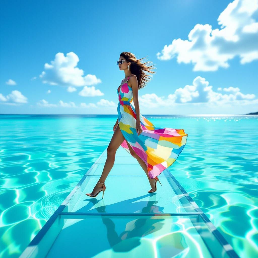 Model Strides on Glass Runway Over Turquoise Sea