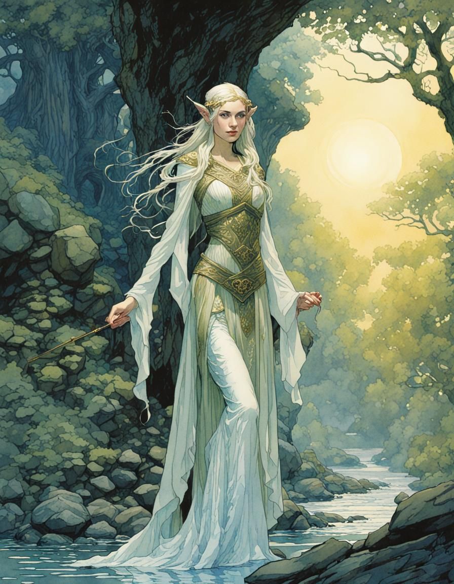 High Fantasy Elven Maiden in Watercolor Art