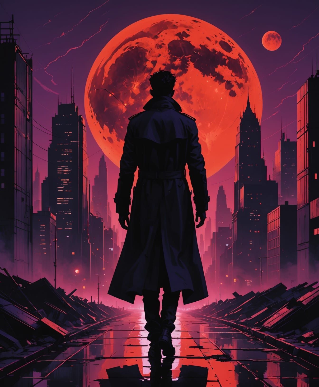 Silhouetted Figure in Glitching Cyberpunk Cityscape