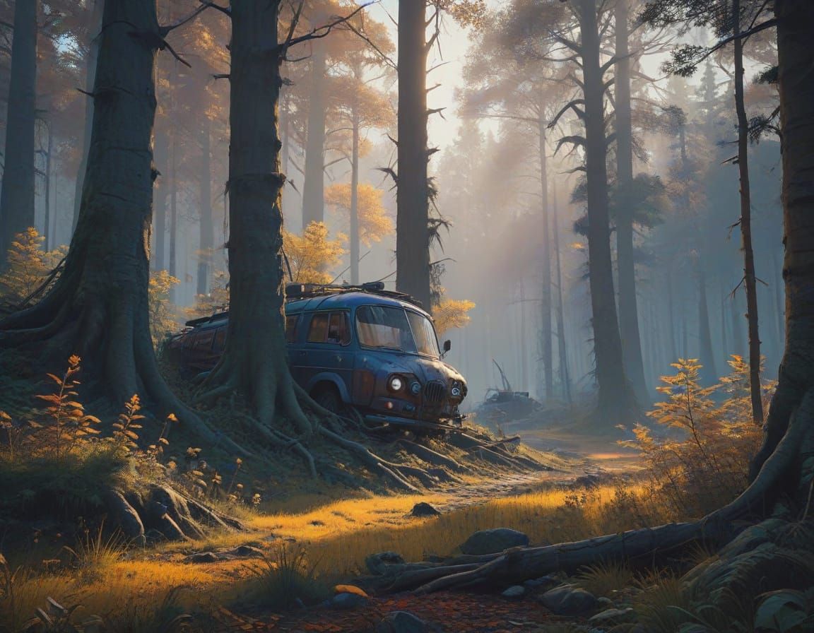 Surreal Amber Forest at Sunset, with Realistic Matte Paintin...