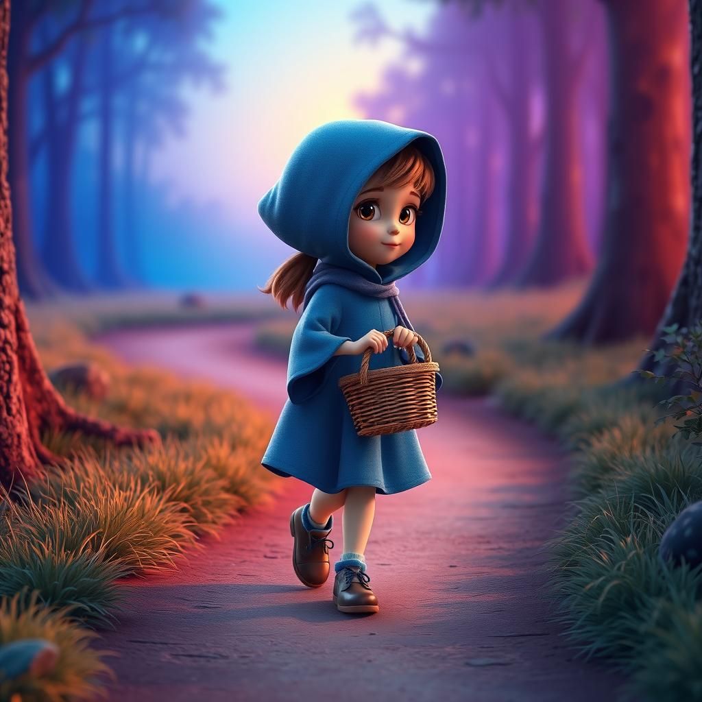Little Girl in Blue Cloak on Forest Path