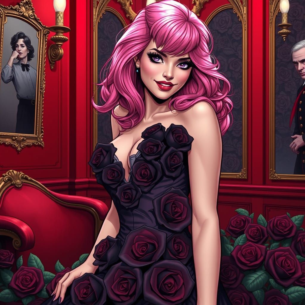 A Pin-Up Goddess of Darkness in a Black Rose Gown