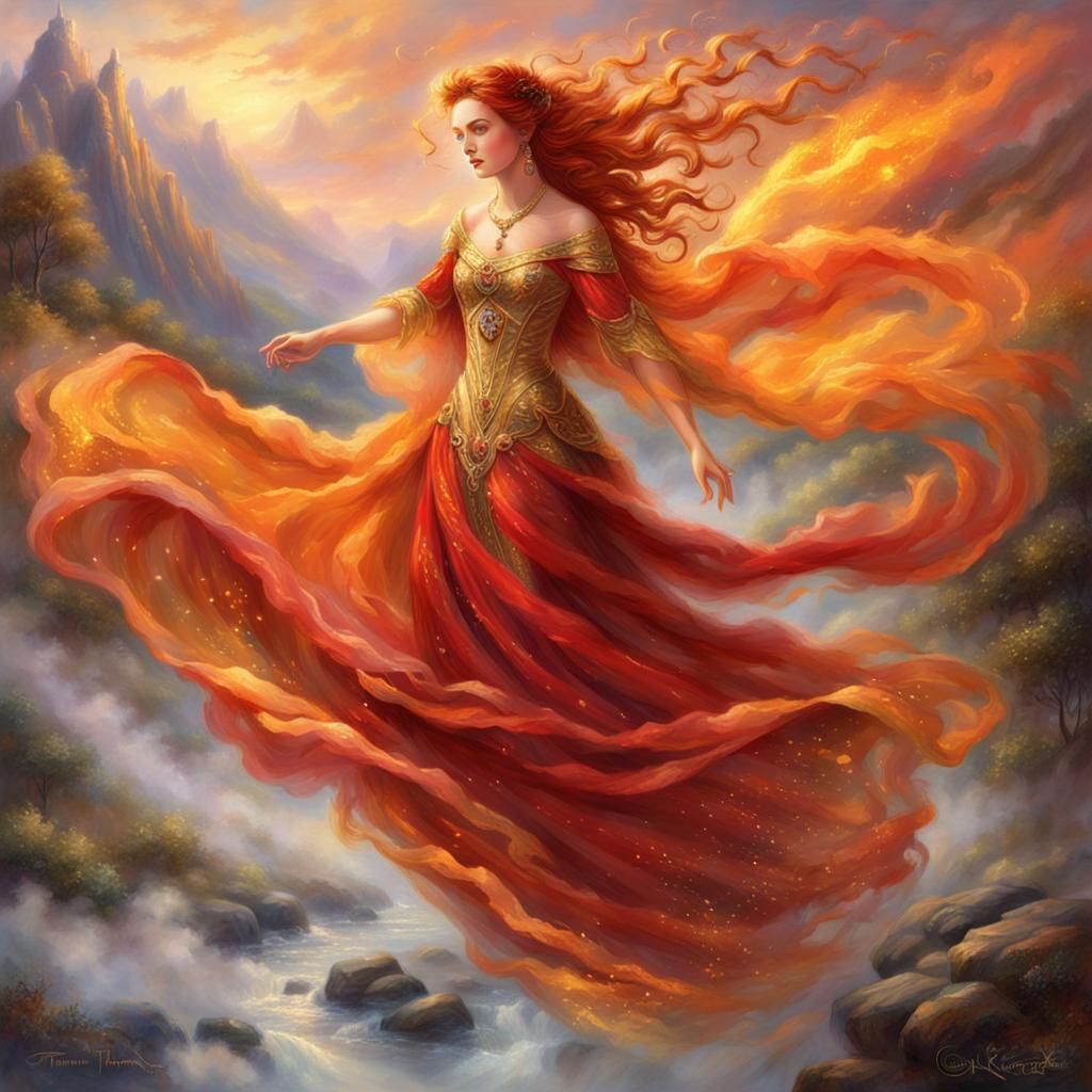 Ethereal Lady of Fire in Flowing Dress
