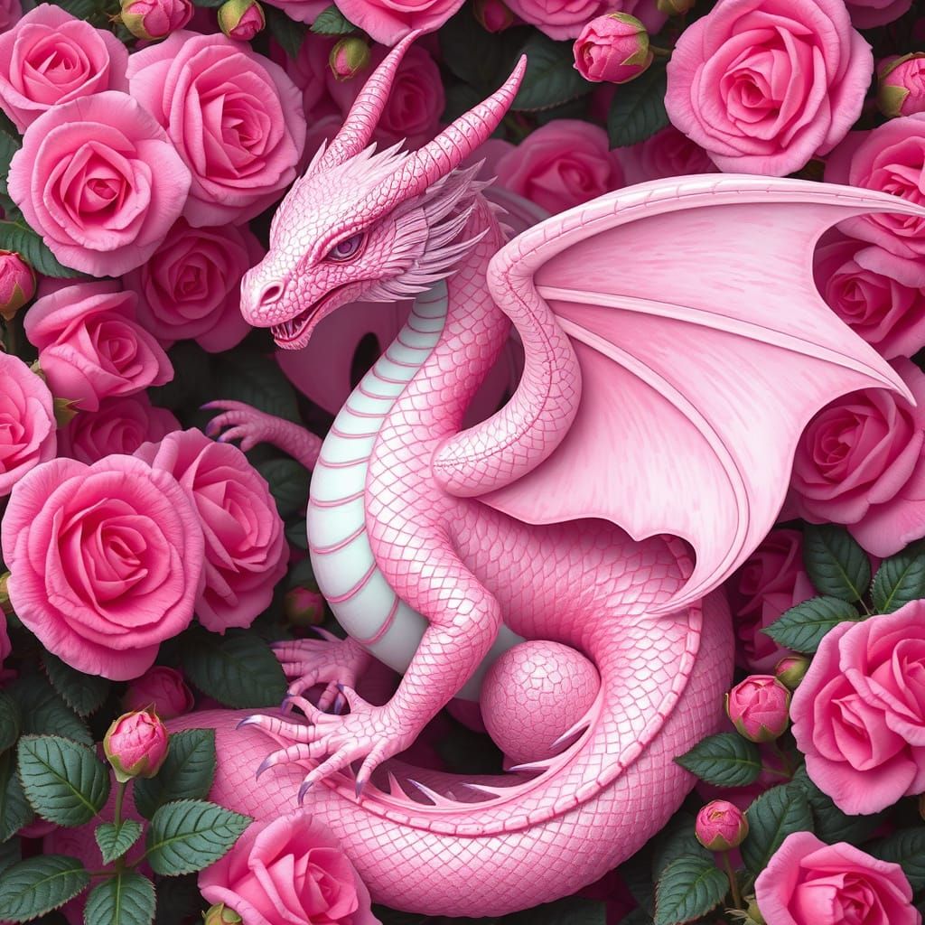Majestic Pink Dragon in a Rose Garden