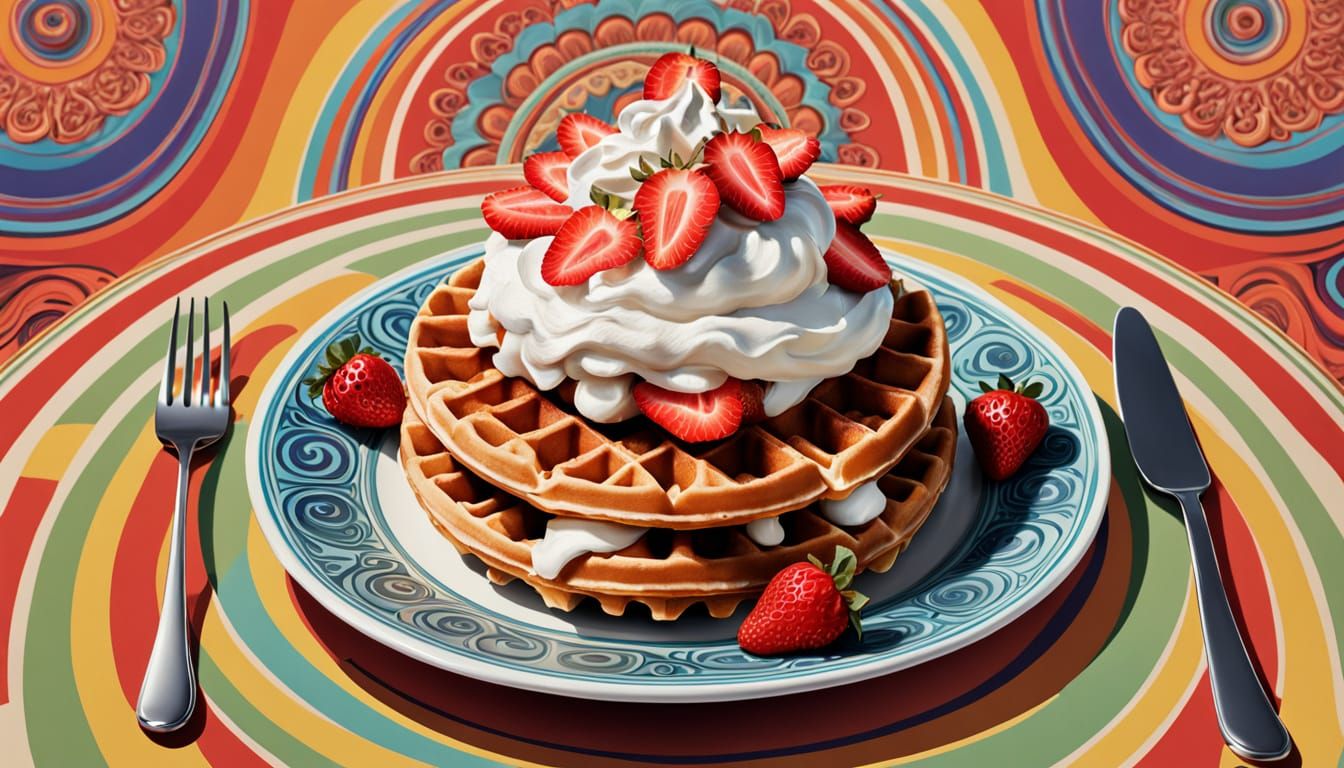Psychedelic Waffle Art Poster with Strawberries and Cream