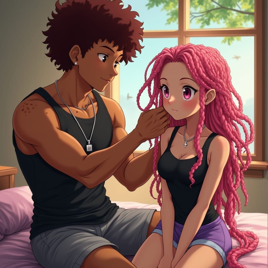 Anime Man Braiding Pink Dreadlocks in Sunlight