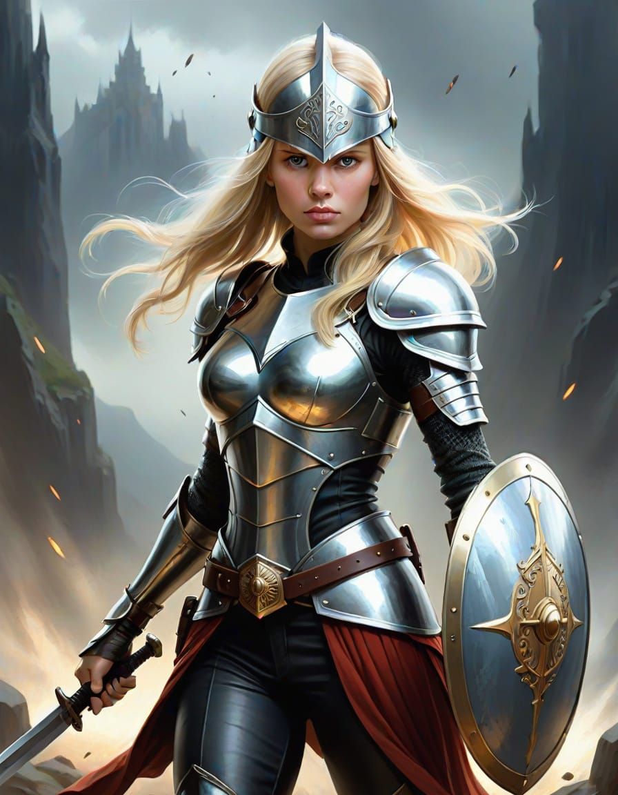 Ethereal Blonde Woman in Armor: Digital Painting