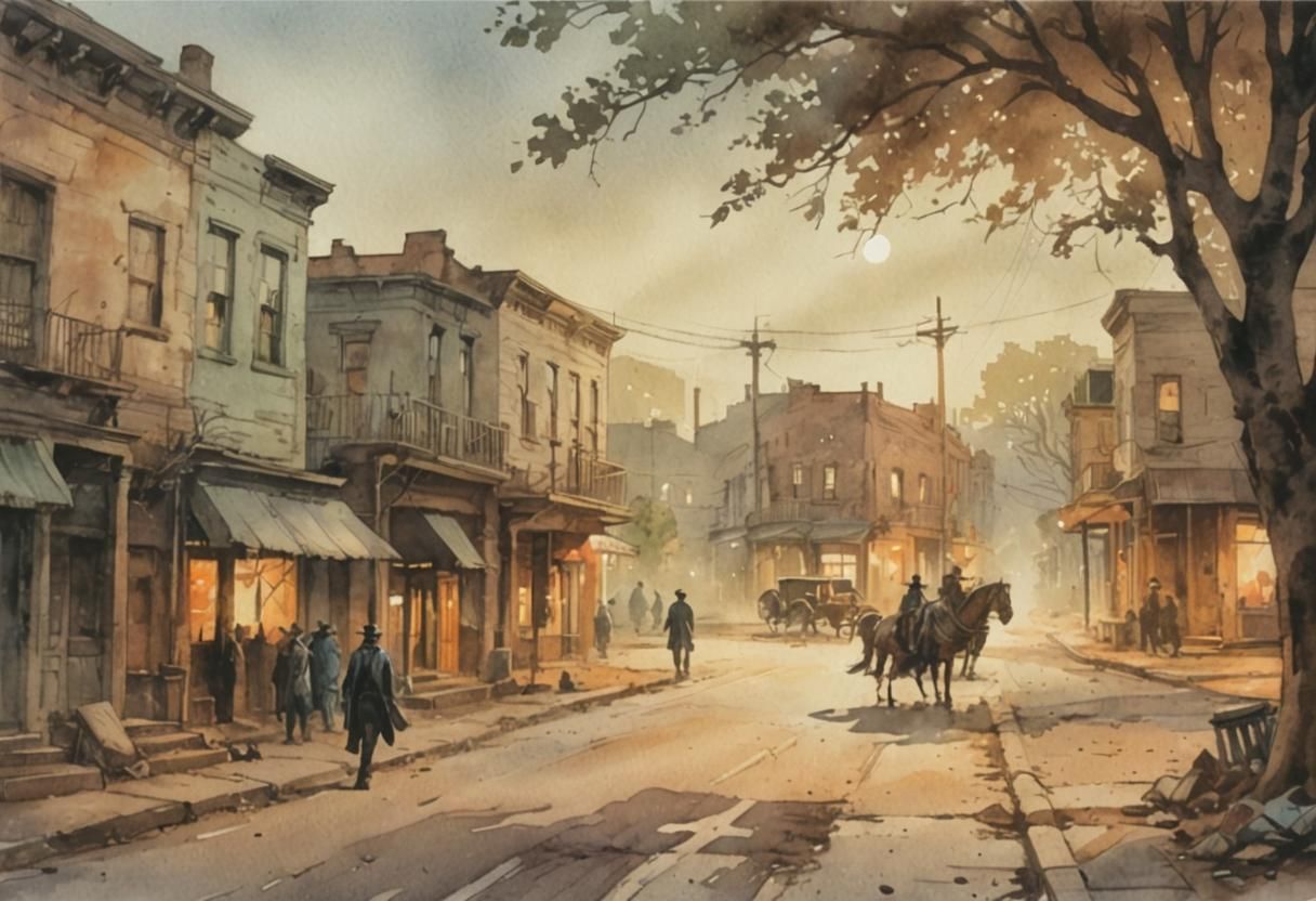 Ghostly Wild West Village in Watercolor Comic Style