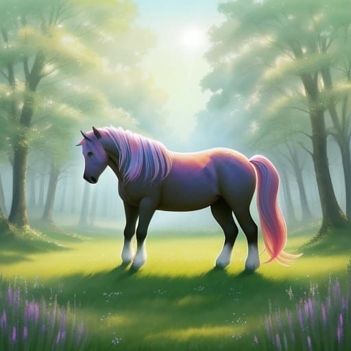 Whimsical Watercolor Pony in a Green Meadow