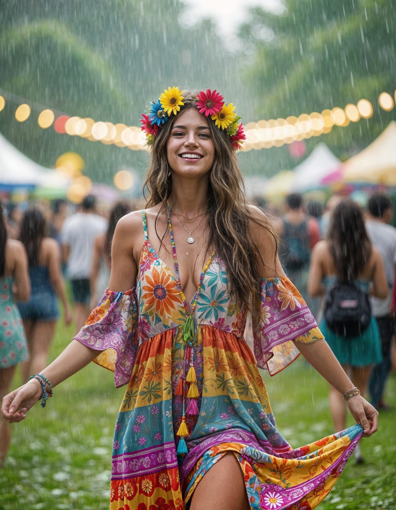 Happy Hippie Mom Dancing in Rainy Concert