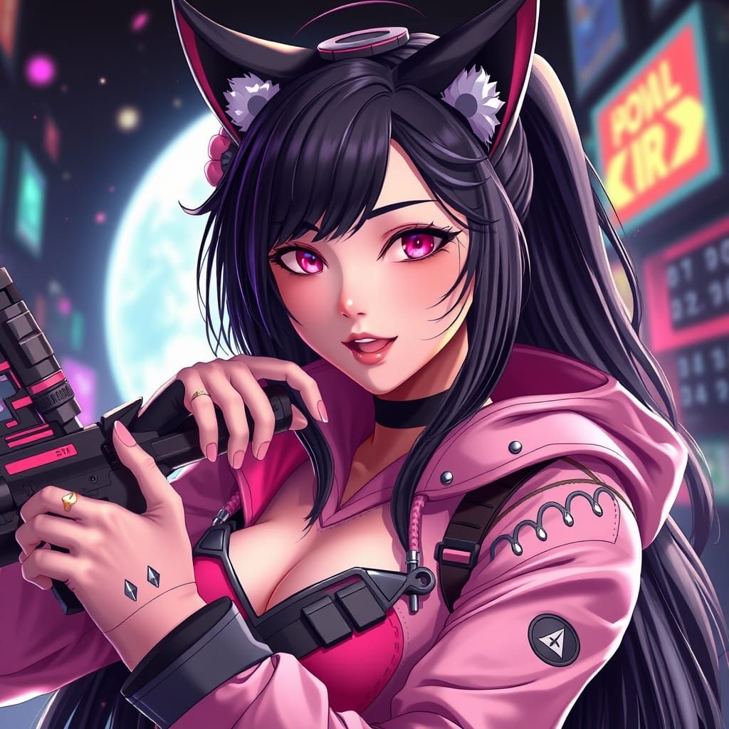 Anime-Inspired 3D Art of Confident Woman with Gun