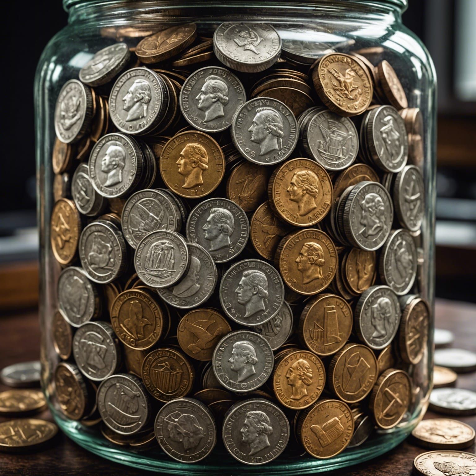 Jar Full of US Coins: Hyperrealistic Close-up