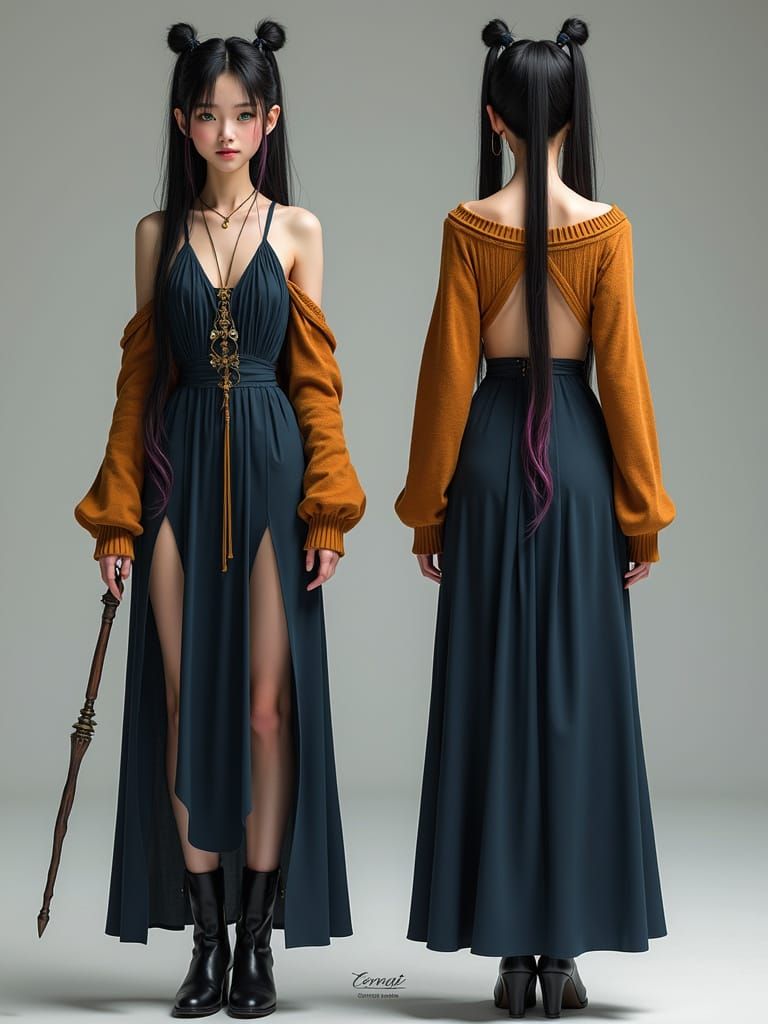 Mystical Elven Sorceress in Dark Blue and Amber