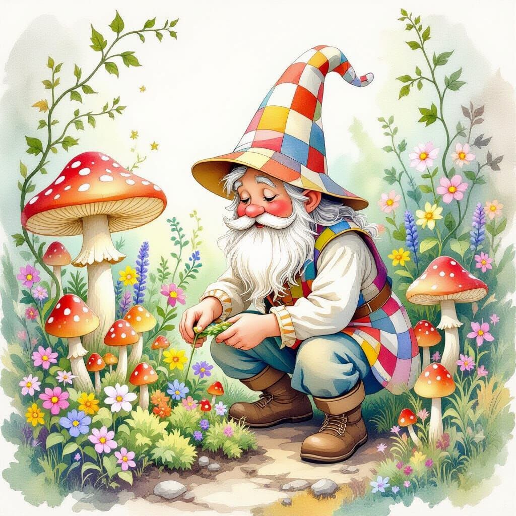 Gnome Tending Bioluminescent Mushroom Garden in Watercolor S...