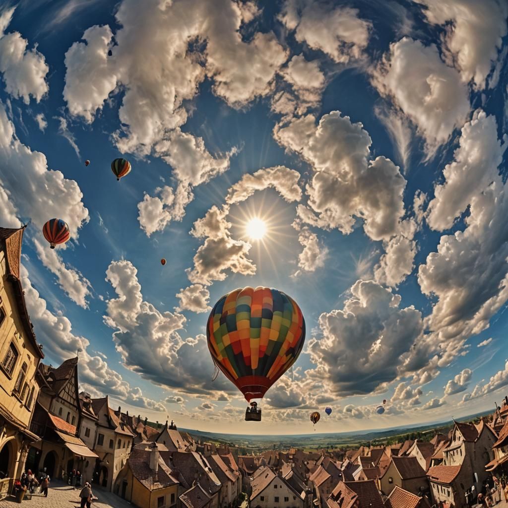 Colorful Hot Air Balloon Over Fantasy Medieval Town