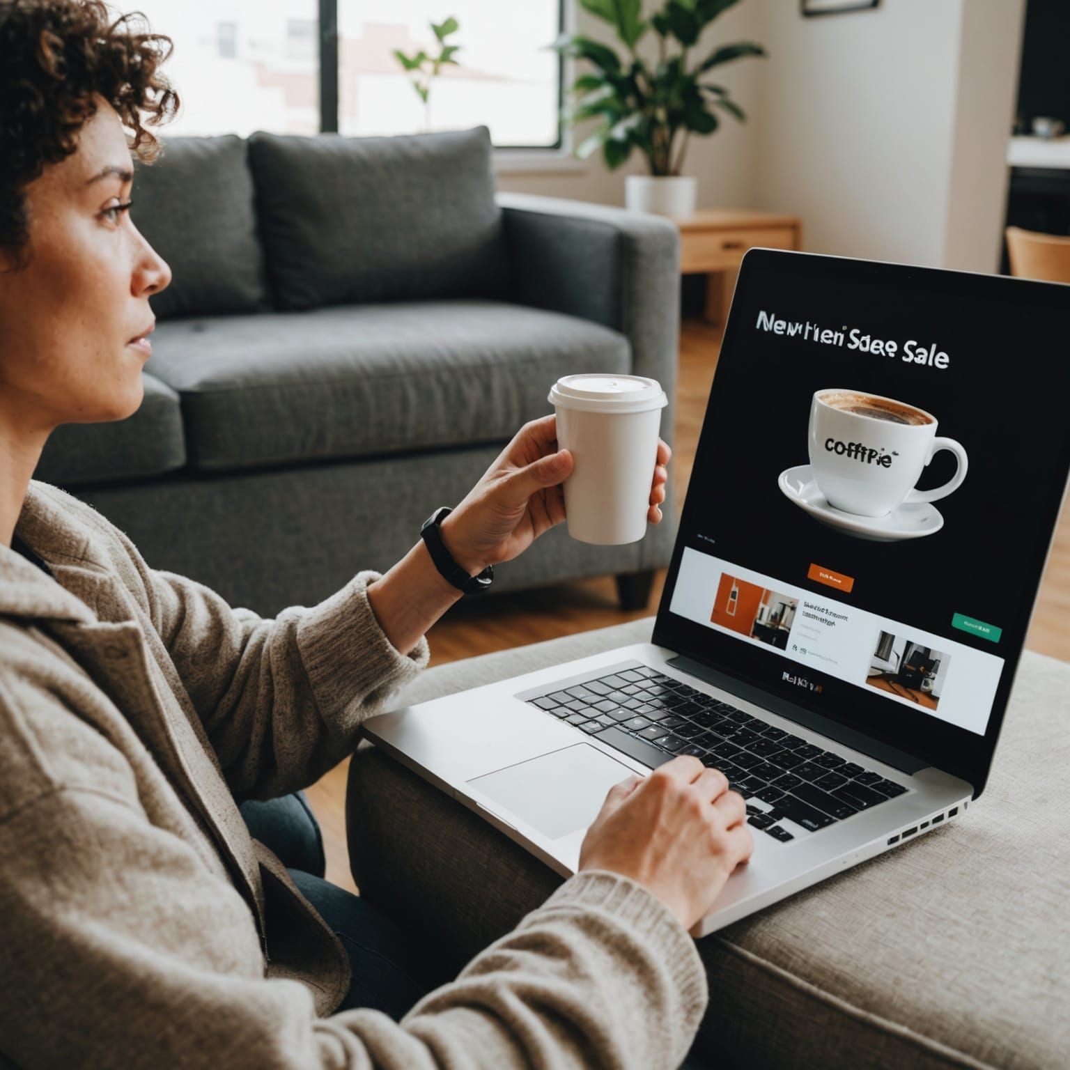 Person Lounging on Couch with Laptop and Coffee