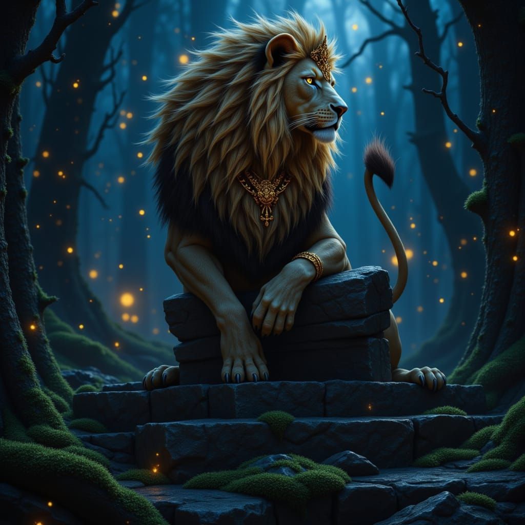 Majestic Lion King on Ancient Throne in Enchanted Forest