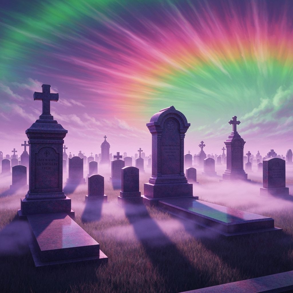 Spectral Rainbow Cemetery Under Aurora Sky