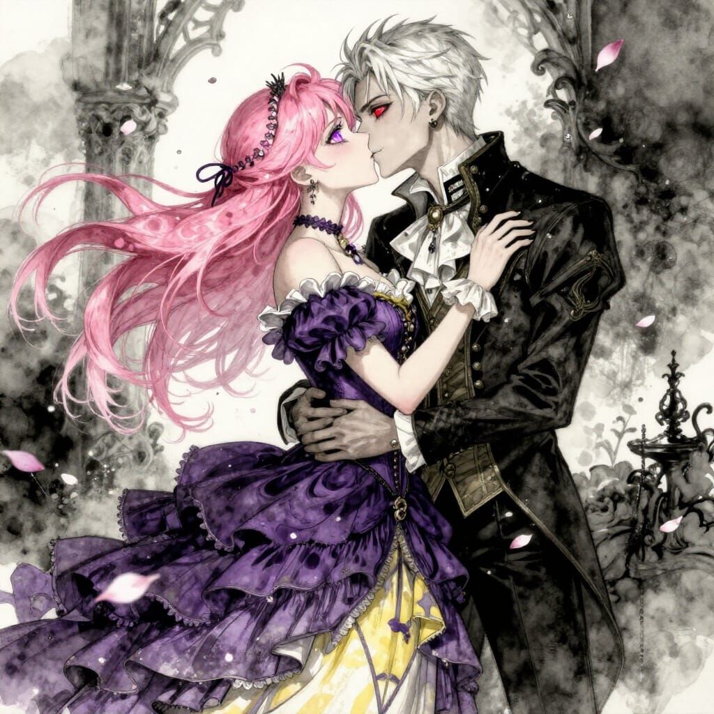 Gothic Romance in Watercolor: Embracing Couple