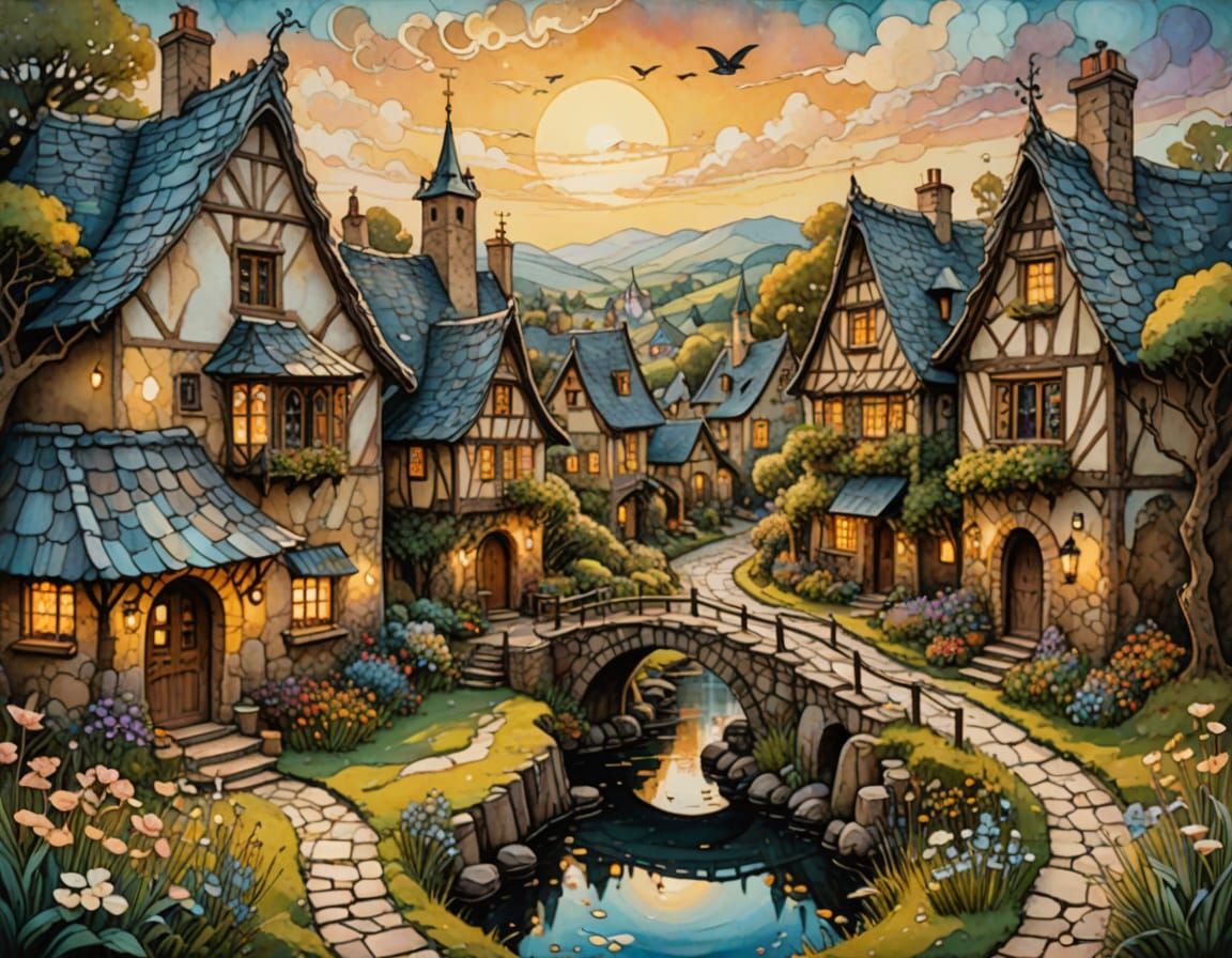Whimsical Village Scene in Dreamy, Fantastical Style